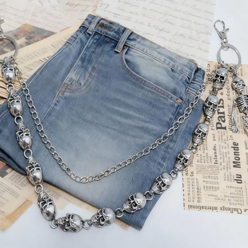 Skeleton Pants Chain Skull Gothic Punk Y2K Wallet Jean Chain Unisex Silver - Picture 4 of 7